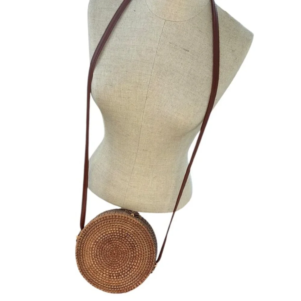 Indonesian classic all woven basket circle purse cross body bag